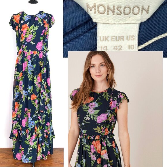 New Monsoon UK Silvia Floral Print Maxi Dress Navy Sz 14 - Picture 1 of 16
